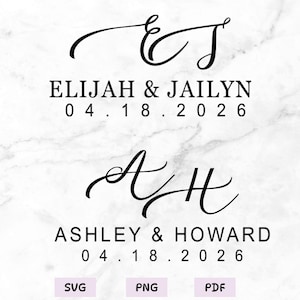May include: Black calligraphy design with the initials "EJ" and "AH" above the names Elijah & Jailyn and Ashley & Howard, with the date 04.18.2026. Below are the file type options: SVG, PNG, and PDF.