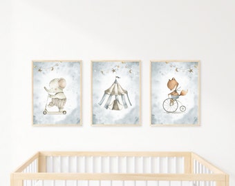 Circus Wall Art | Circus Art Prints | Elephant Nursery Decor | Set of 3 Prints Blue | Baby Boy Nursery | Circus Nursery |