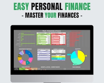 May include: A computer screen displaying a personal finance dashboard with charts and graphs. The dashboard includes sections for investments, current cashflow, and accounts. The title of the dashboard is "Easy Personal Finance - Master Your Finances -" and the name of the software is "PlanX - Productivity & Finance".