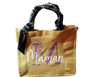 Sac cabas fourre tout grande capacité en toile de jute avec foulard initiale et prénom ou maman maîtresse nounou atsem mamie marraine