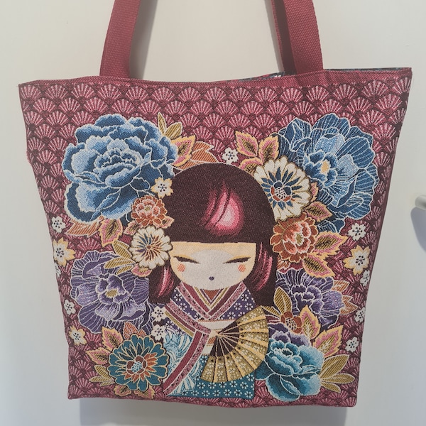 Grand sac tote bag fourre tout kokeshi japonaise Bordeaux cousu main sac étudiante