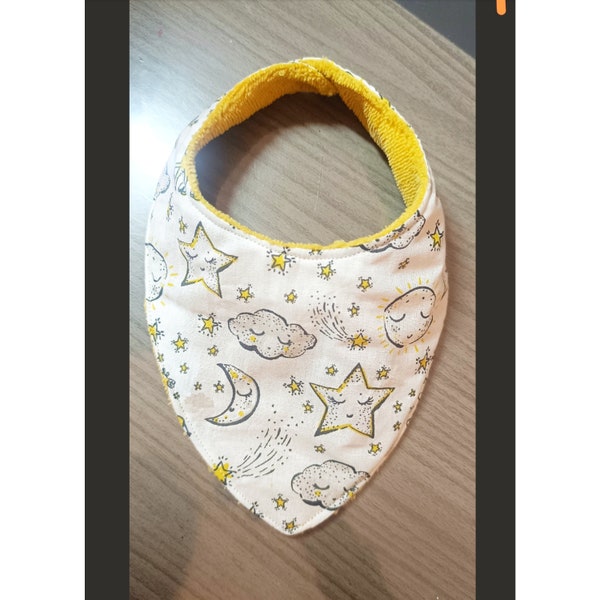 Bavoir bandana bébé mixte fille garçon jaune et blanc tout doux étoiles nuages soleil girafe idée cadeau naissance baby shower femme enceint