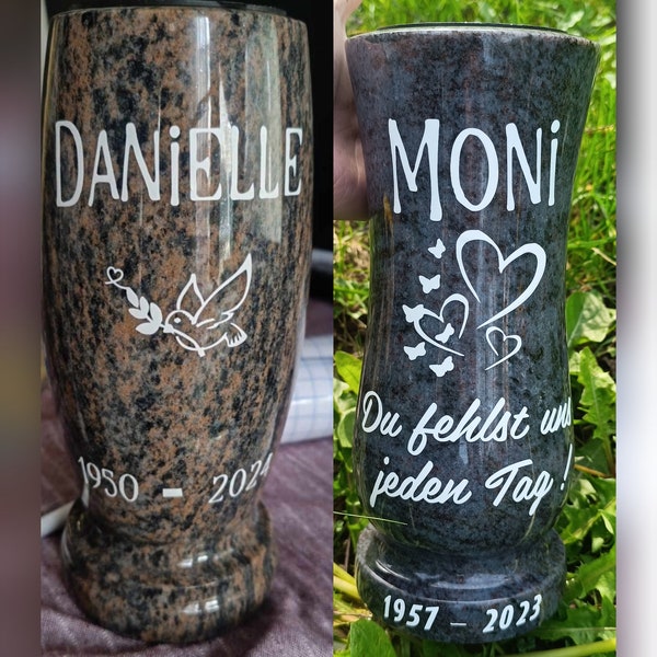 Vase funéraire rose ou gris personnalisé prénom dates et colombe pour tombe cimetière funéraire cérémonie cadeau hommage défunt décès mort