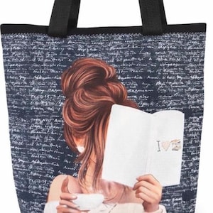 Tote Bag / grand Sac fourre tout lectrice cousu main unique idée cadeau femme aimant lire read book #reader