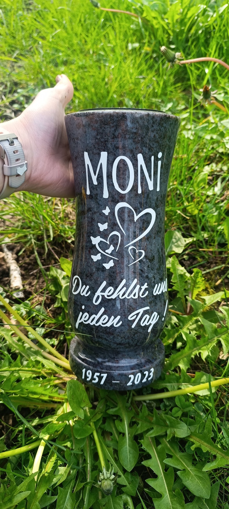 Vase funéraire rose ou gris personnalisé prénom dates et colombe pour tombe cimetière funéraire cérémonie cadeau hommage défunt décès mort image 6