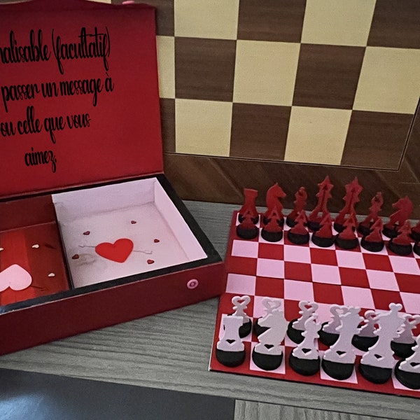 Jeu d'echecs fait main, echecs Saint Valentin, Cadeau Saint Valentin, cadeau pour homme, femme, cadeau echecs coeur amour love