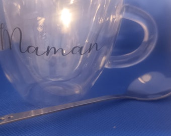 Cup with personalized heart interior granny mom first name nanny mistress auntie with heart spoon and optional gift box