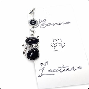 Personalisiertes Lesezeichen/Schlüsselanhänger/Taschenanhänger aus Onyx mit schwarzer Katze und Initialen – Swarovski-Kristall