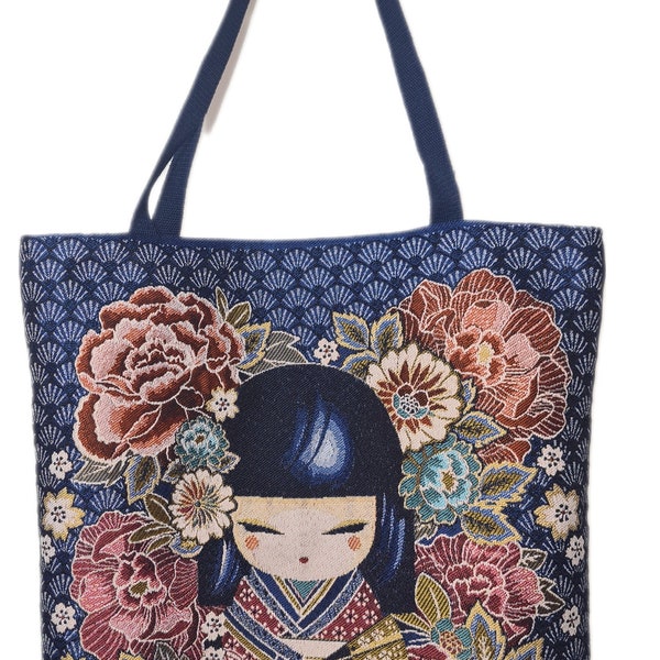 Grand sac tote bag fourre tout kokeshi japonaise bleu marine avec ou sans porte monnaie assorti