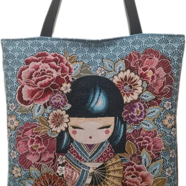 Grand sac tote bag fourre tout kokeshi japonaise bleu turquoise cousu main sac étudiante