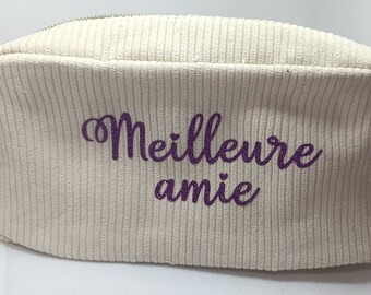 Spacious large capacity makeup toiletry bag glittery name purple and beige practical gift idea woman teen friend heart