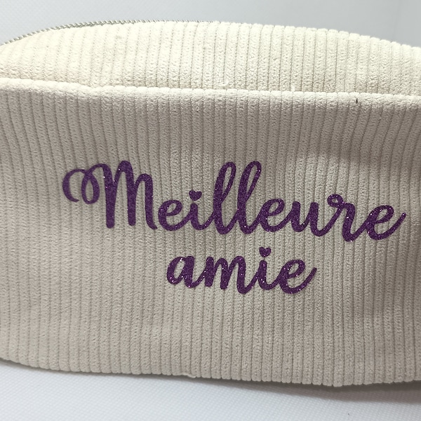 Trousse de toilettes à maquillage spacieuse grande capacité prénom pailleté violet et beige pratique idée cadeau femme ado amie cœur