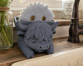 Highland Cow Sponge Holder | Farmhouse Kitchen Sink Decor, PLA Plastic