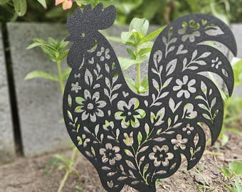 Decorative Floral Chicken | Metal-Style Garden Accent | 3D Printed | 8" Tall | Custom Color