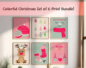 Colorful Christmas wall art-Set of 6 prints-Preppy pink Christmas printables-maximalist Christmas wall decor-bright Christmas prints bundle