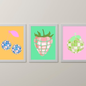 set of 3 fruit wall art prints, disco fruit wall art, girly wall art, trendy printable, preppy wall art, trendy poster, digital download