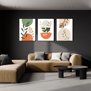 set of 3 terracotta wall prints, sage green mid century modern wall art, bohemian botanical posters, large gallery set, boho abstract plants