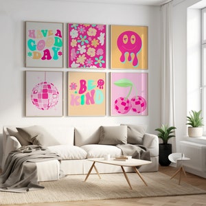 Conjunto de impresión de arte de pared de moda, descarga digital Preppy, imprimibles de carteles rosas, decoración de habitación maximalista, conjunto de decoración de pared Preppy