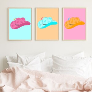 sombrero de vaquera pared arte conjunto de 3-preppy pared arte conjunto-preppy dormitorio decoración-vaquera pared arte-preppy cartel rosa descargar-impresiones de arte preppy