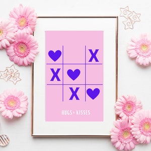 Valentine&#39;s day wall art printable, hugs and kisses instant print, indigo and pink wall art, Valentine&#39;s day wall decor,digital download art