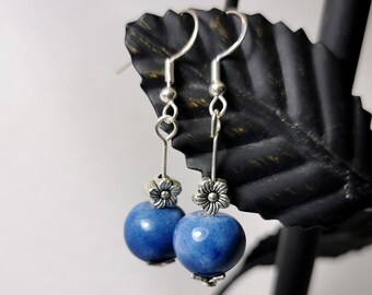 Deep blue ceramic earrings, 925 silver fasteners, artisanal dangling earrings, handmade earrings