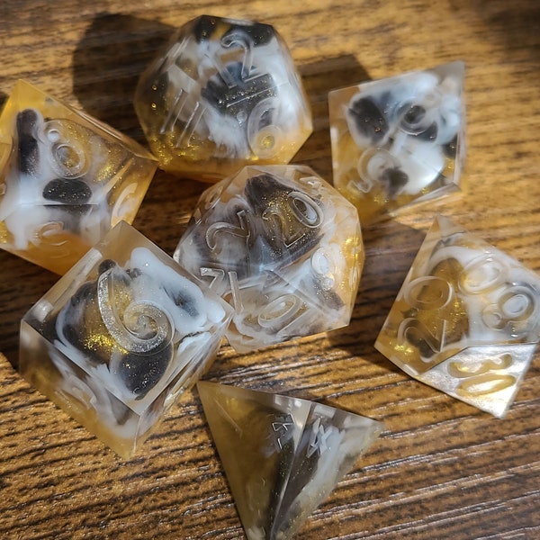 Misty Treasure (Custom Paint) - Gold and Black Handmade sharp edge resin, 7-piece Polyhedral Dice Set for D&D, DnD, Dungeons and Dragons