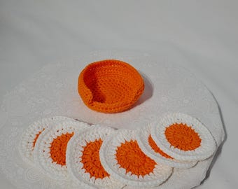 Crochet Coaster Set with Holder, orange and white