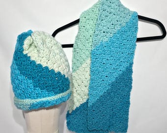 Crochet Hat and Scarf Set, Multi Colors of Blue