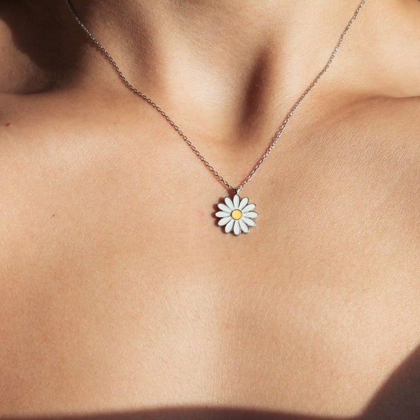 925 Sterling Silver Daisy Necklace, Enamel Daisy Necklace, Gift For Mom, Minimalist Necklace, Mother Day Gift, Flower Necklace, Special Gift
