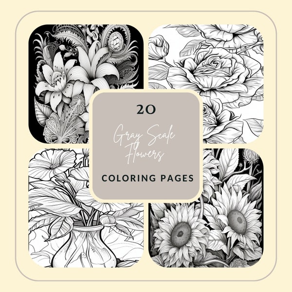 PRINTABLE COLORING Book Procrate Gray Scale Flowers Digital or Print Use Relaxing Activities Adults or Kids 20 Pages