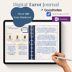 May include: A digital tarot journal with a blue and white floral design. The journal has a date section, a question section, a card and meaning section, initial thoughts and feelings section, action steps and takeaways section, and a blank reflective page section. The journal is open to a spread about getting a job. The text on the page reads "Will I get the job?" and "May 10th". The journal is compatible with Goodnotes, Notability, and OneNote.