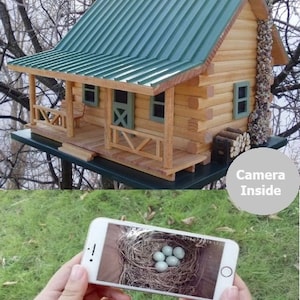Op de afbeelding: Een houten vogelhuisje dat lijkt op een hut, met een groen metalen dak, veranda en schoorsteen. Het vogelhuisje is gemonteerd op een groene basis. Een smartphone toont een nest met eieren, met de tekst "Camera Inside".