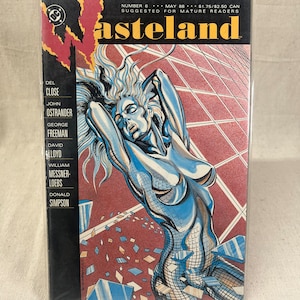 May include: A comic book cover featuring a silver-colored woman with long white hair. The cover is titled "Wasteland" and has a red and black background. The comic book is issue number 6 and was published in May 1988.