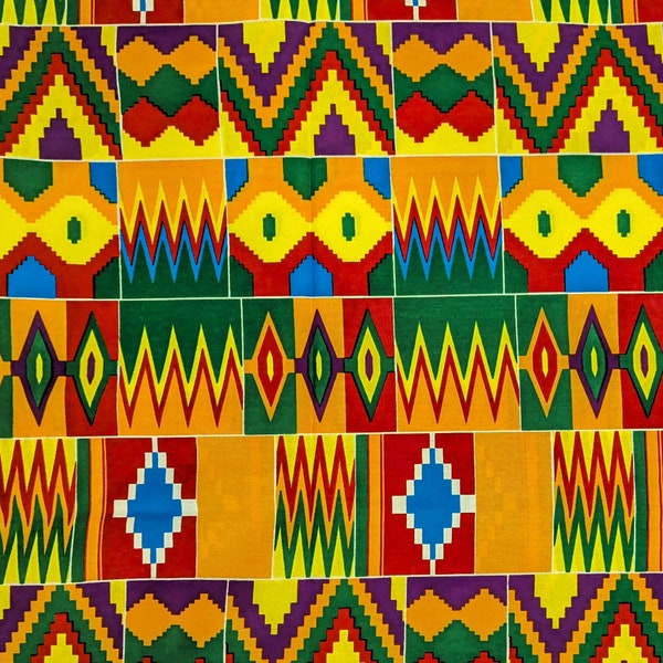 African Fabric 1/2 Yard Cotton Wax Print ORANGE BLUE Red Green Yellow Kente Geometric BTHY