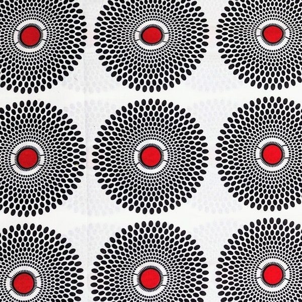 African Fabric 1/2 Yard Wax Print Cotton Ankara BLACK WHITE Red Abstract Dots Circles BTHY