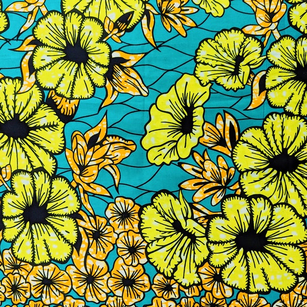 African Fabric 1/2 Yard Cotton Wax Print Ankara YELLOW AQUA Brown Abstract BTHY