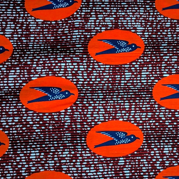 African Fabric 1/2 Yard Cotton Wax Print Ankara ORANGE BLUE Brown Abstract Birds BTHY