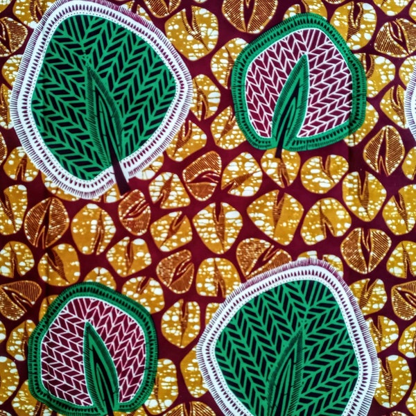 African Fabric 1/2 Yard Cotton Wax Print Ankara GREEN BEIGE Brown Abstract Leaves BTHY