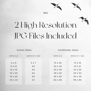 Peut inclure: Une image en noir et blanc avec deux oies en vol en haut et une troisi&egrave;me oie en bas. Le texte "#03 2 High Resolution JPG Files Included" est au centre de l'image. En dessous du texte, deux tableaux avec les titres "Inches Sizes" et "Centimeter Sizes". Les tableaux listent diff&eacute;rentes tailles en pouces et en centim&egrave;tres, avec les tailles de papier correspondantes list&eacute;es dans le tableau "Inches Sizes".