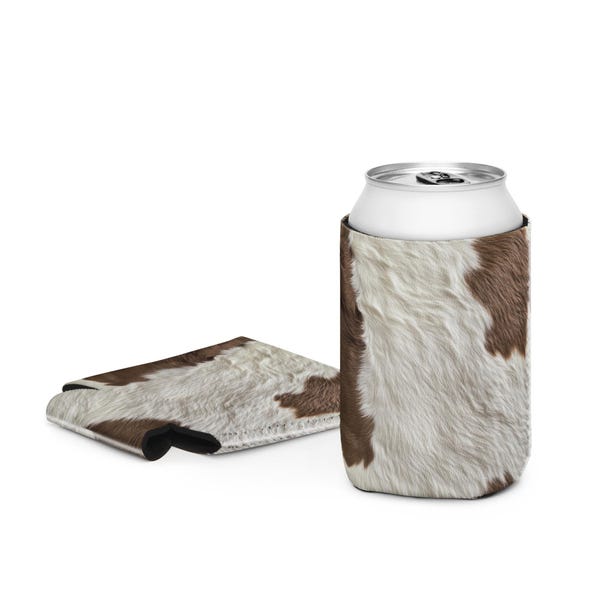 Rustic Cowhide Cozie | Cow Print Beverage Coozie | Brown & White Pattern 12oz. Regular or Skinny Can Drink Holder