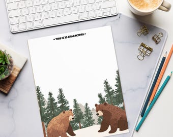 May include: A printable stationery sheet with a white background and a forest scene at the bottom. The scene features two brown bears standing in the snow, surrounded by green pine trees. The text "THIS IS 25 CHARACTERS" is printed at the top of the sheet.