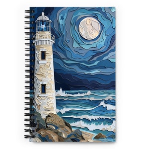 May include: A white lighthouse with a blue roof stands on a rocky shore under a full moon. The sky is a deep blue with swirling clouds. The ocean waves are crashing against the shore.