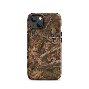 May include: A camouflage phone case with a brown, green, and tan pattern. The case has a black camera cutout and a black border.