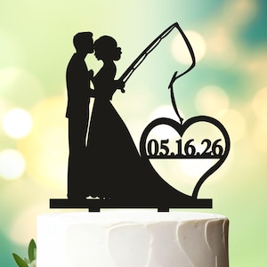 Fishing Wedding Cake Topper, Bride and Groom with fishing rod, Mr and Mrs Cake Topper, Personalized Wedding Cake Topper, Hooked for Life
