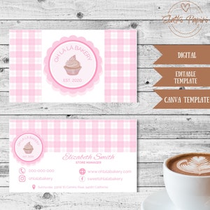 Rosa Bäckerei Visitenkarte bearbeitbare Vorlage, DIY Custom Canva Kuchengeschäft, Cupcake Shop, Konditor Kontaktinformationen, süße Desserts