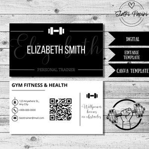 Personal Trainer Business Card, Fitness Instructor Contact Card, Gym Coach Editable Template, DIY Printable Gym Cards, Gym card QR code