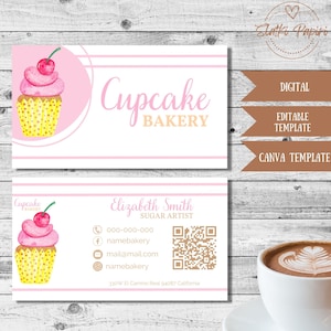 Carte de visite Cupcake Bakery : modèle modifiable rose (téléchargement numérique)