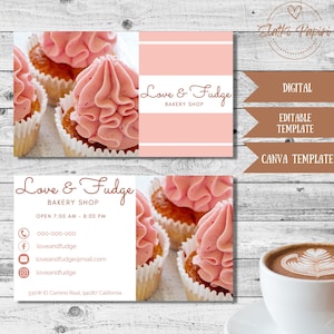 Cartão de visita rosa para padaria, cartão para confeitaria, informações de contato, modelo editável, cartão para loja de cupcakes