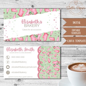 Modelo EDITÁVEL de cartão de visita de padaria, cartão de confeitaria, informações de contato, confeiteiro, artista de açúcar