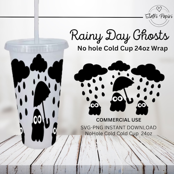 Halloween No Hole Cold Cup 24oz  SVG Wrap, Cute Ghosts Rainy Day PNG, Iced Coffee Cup, Digital Download, Plotter Cute Venti No hole Tumbler